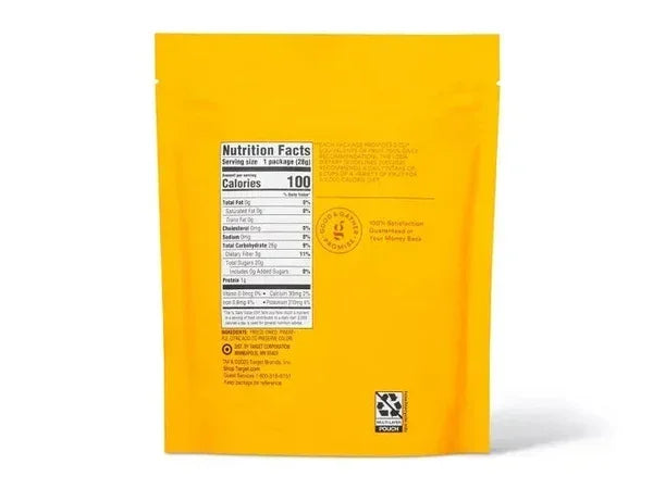 Back of freeze-dried pineapple snack bag with nutrition facts on bright yellow packaging