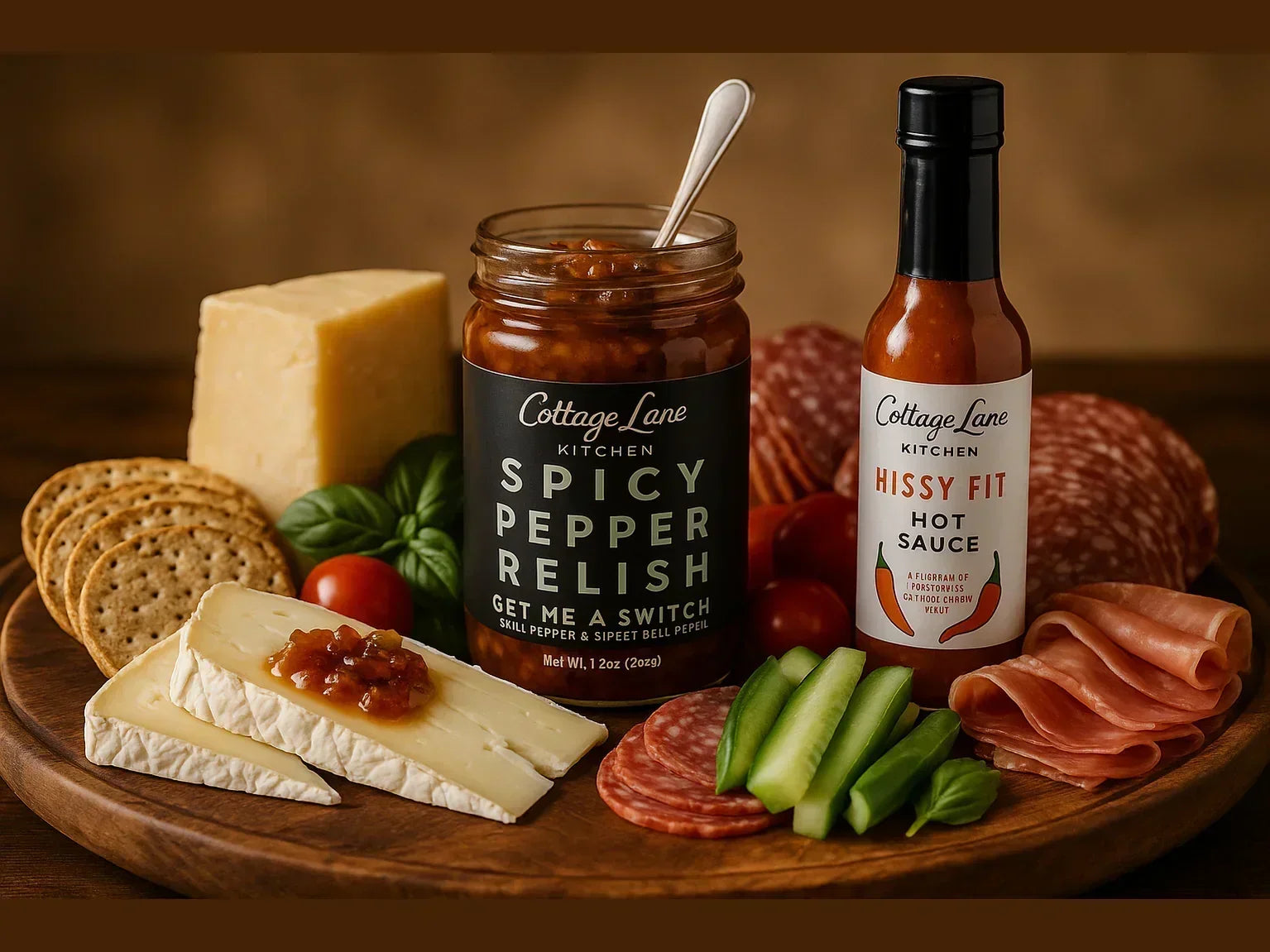 Gourmet charcuterie board with cheese, salami, crackers, spicy pepper relish, hot sauce, and vegetables