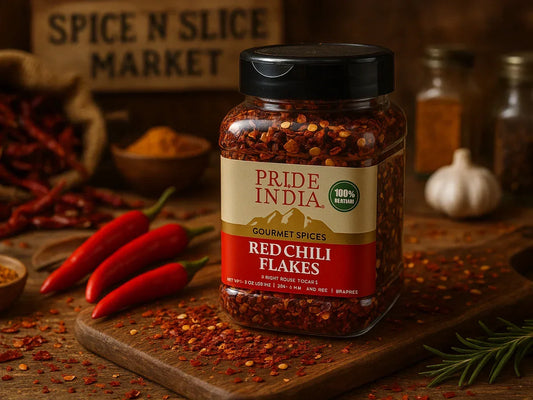 Jar of gourmet red chili flakes on a wooden table with fresh chili peppers, herbs, and spices