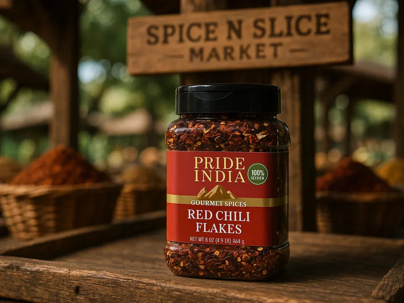 Jar of gourmet red chili flakes on a wooden table at a spice market display