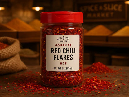Jar of gourmet red chili flakes in a rustic market setting with loose flakes around
