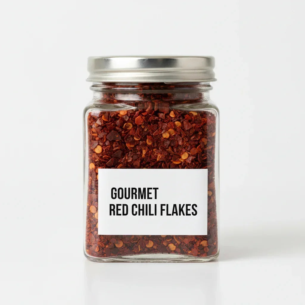 Glass jar filled with gourmet red chili flakes on a white background