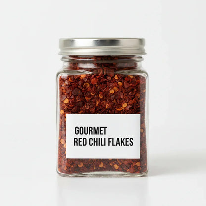 Glass jar filled with gourmet red chili flakes on a white background