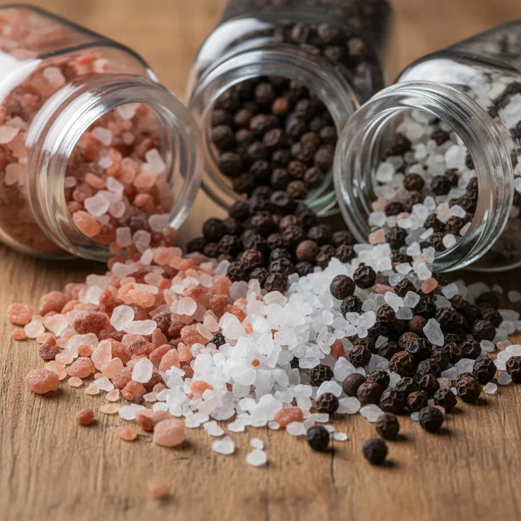 Himalayan pink salt, sea salt, and whole black peppercorns spilling from glass jars on wood