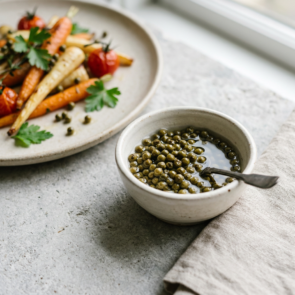 Green Kampot pepper in brine served alongside roasted vegetables