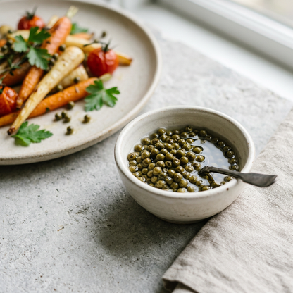 Green Kampot pepper in brine served alongside roasted vegetables