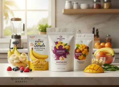 Freeze-dried bananas, smoothie box, and tropical smoothie blend packages with fresh fruits on kitchen counter