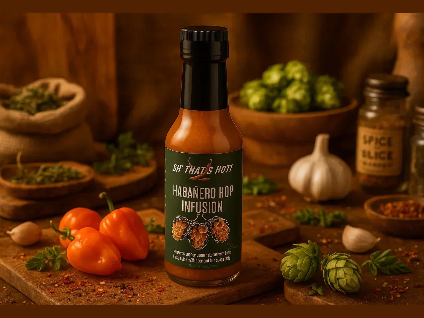 Habanero hop infusion hot sauce bottle with fresh habaneros, hops, and spices in rustic market setting