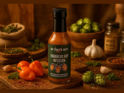 Habanero hop infusion hot sauce bottle with fresh habaneros, hops, and spices in rustic market setting