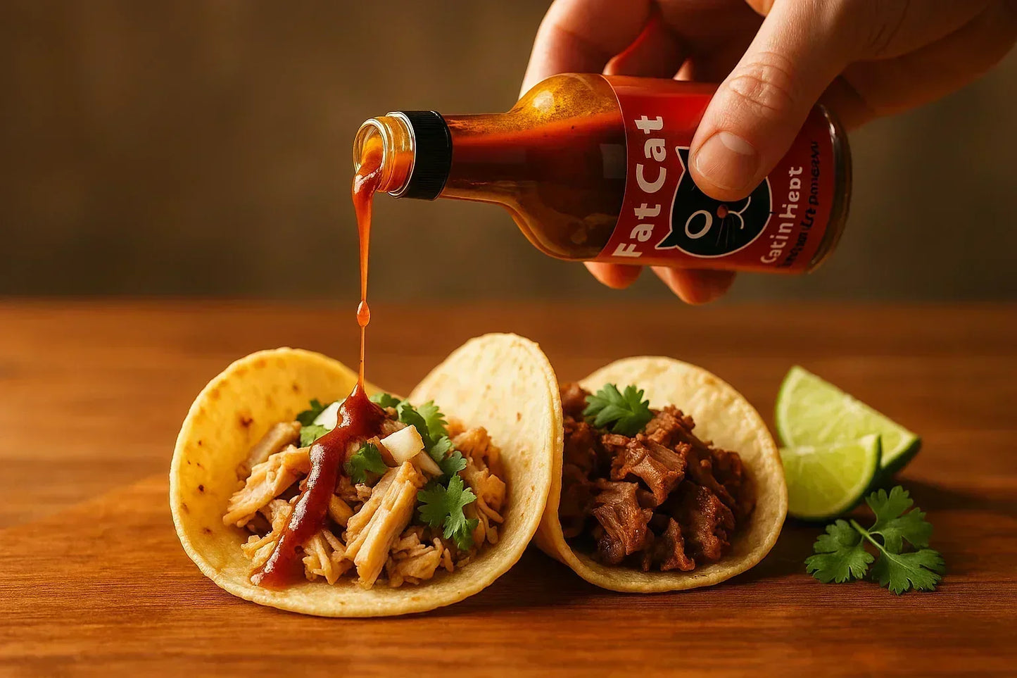 Hand pouring Fat Cat hot sauce onto tacos with shredded meat and cilantro, lime wedges on side