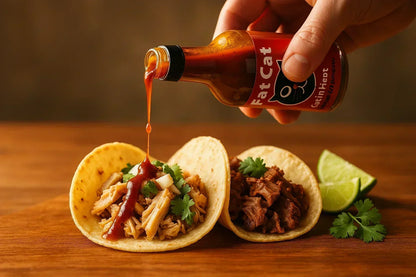 Hand pouring Fat Cat hot sauce onto tacos with shredded meat and cilantro, lime wedges on side