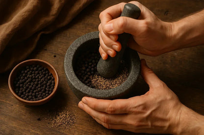 Hand grinding whole black peppercorns in a stone mortar and pestle on wooden table