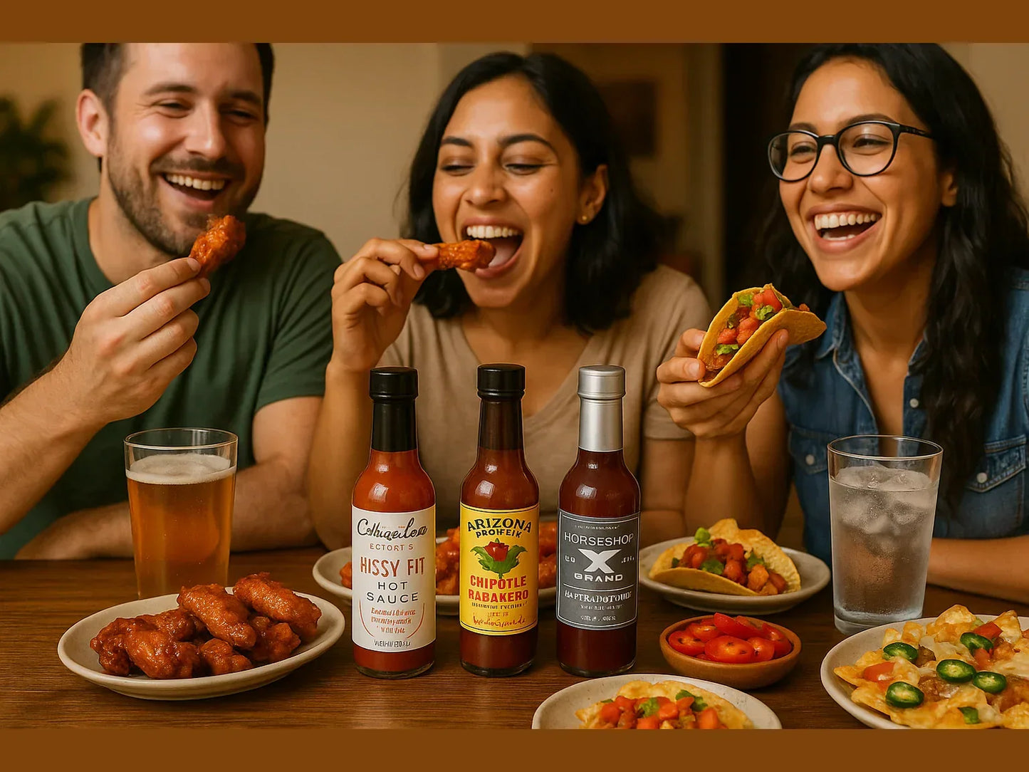 Friends enjoying spicy wings, tacos, nachos, and artisan hot sauces at a dinner table