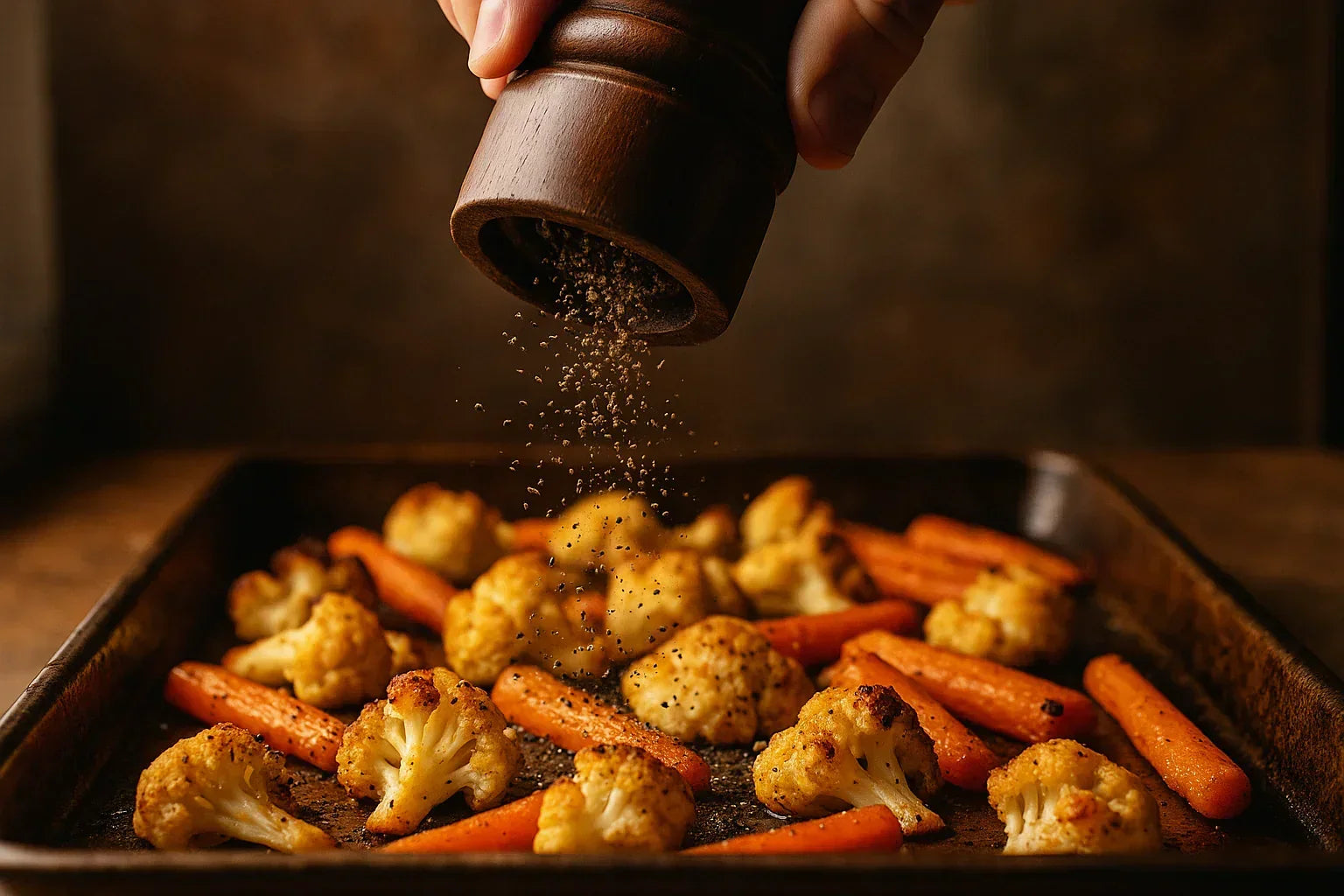 Freshly ground black pepper sprinkled over roasted cauliflower and carrots on a baking tray