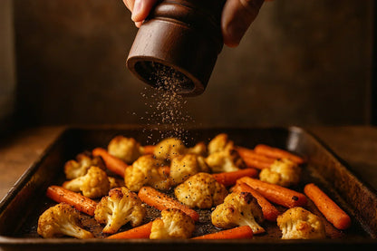 Freshly ground black pepper sprinkled over roasted cauliflower and carrots on a baking tray