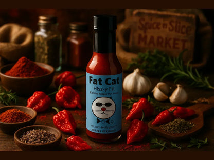 Carolina Reaper hot sauce bottle surrounded by peppers, spices, and garlic in a market setting