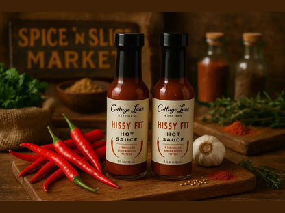 Two bottles of Hissy Fit hot sauce with red chili peppers, garlic, and spices on a rustic market table.