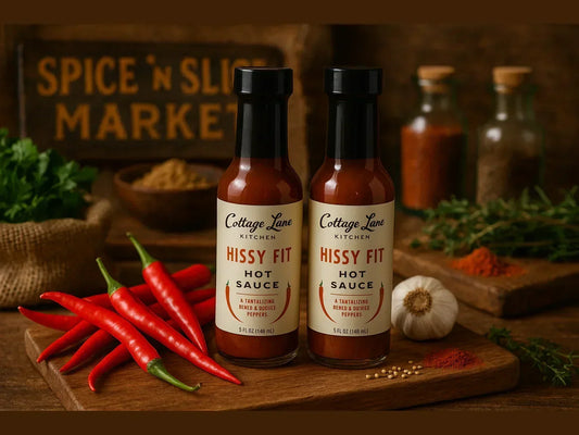 Two bottles of Hissy Fit hot sauce with red chili peppers, garlic, and spices on a rustic market table.