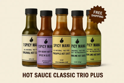 Five assorted Spicy Mama hot sauce bottles with different flavors, free shipping badge.