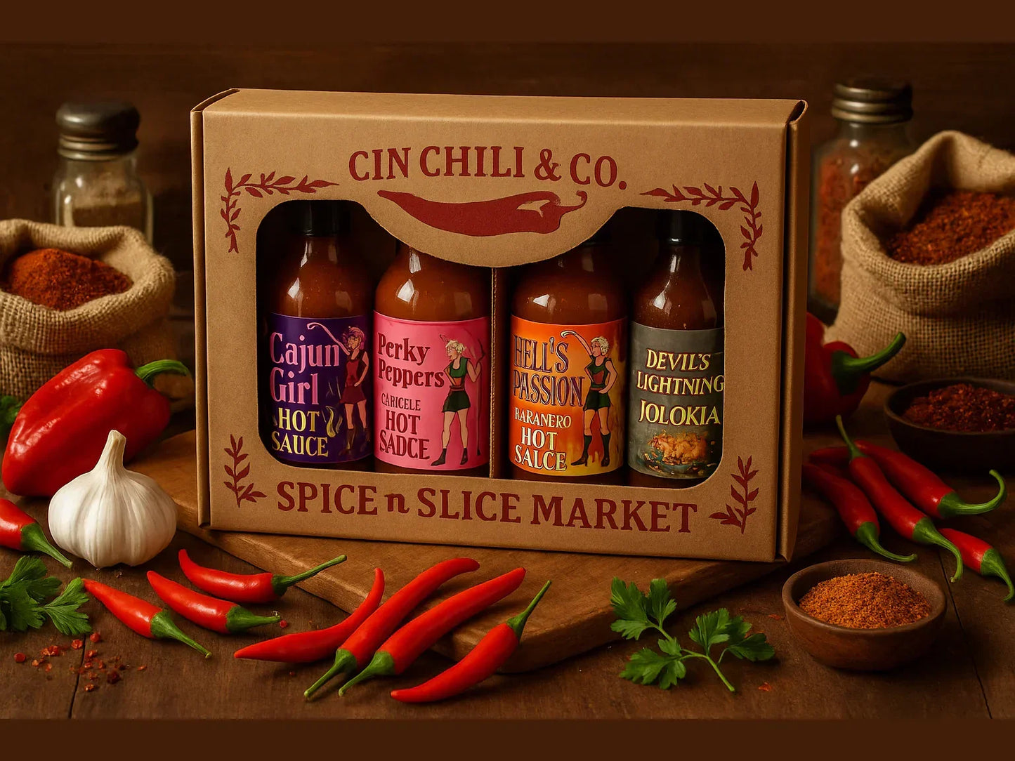 Hot sauce gift box 4-pack with assorted artisan sauces, surrounded by fresh chili peppers and spices in a rustic market setting.