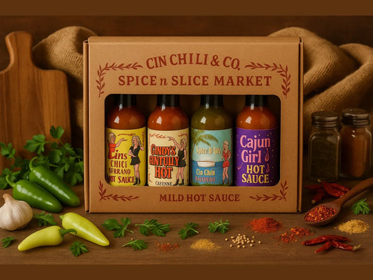 Mild hot sauce gift box set with four assorted bottles, fresh peppers, herbs, and spices