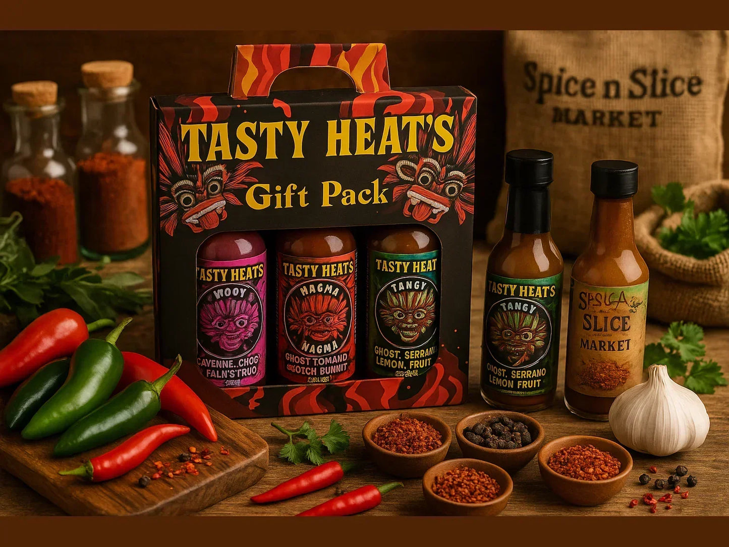 Hot sauce gift set with assorted bottles, chili peppers, spices, and herbs in a rustic market setting.