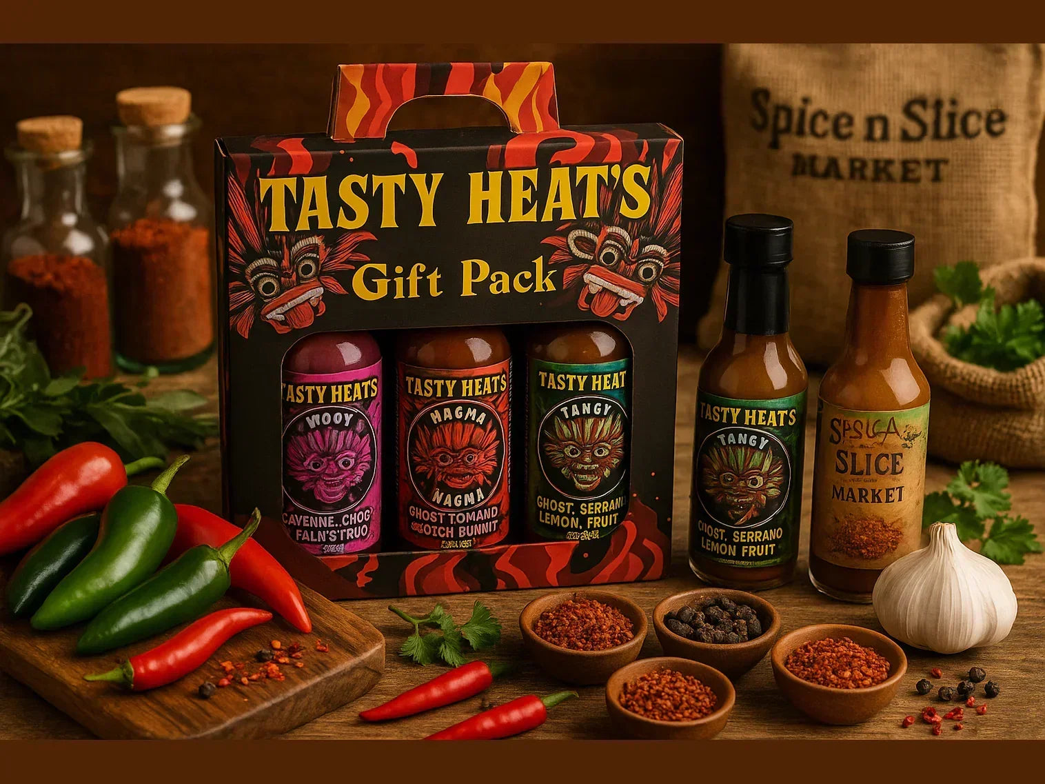 Hot sauce gift set with assorted bottles, chili peppers, spices, and herbs in a rustic market setting.