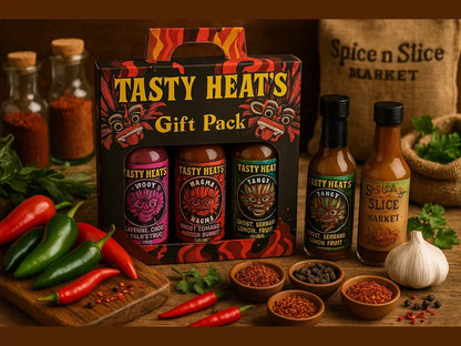 Hot sauce gift set with assorted bottles, chili peppers, spices, and herbs in a rustic market setting.