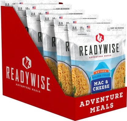 Display box of ReadyWise Mac & Cheese adventure meals with visible packaging and pasta image