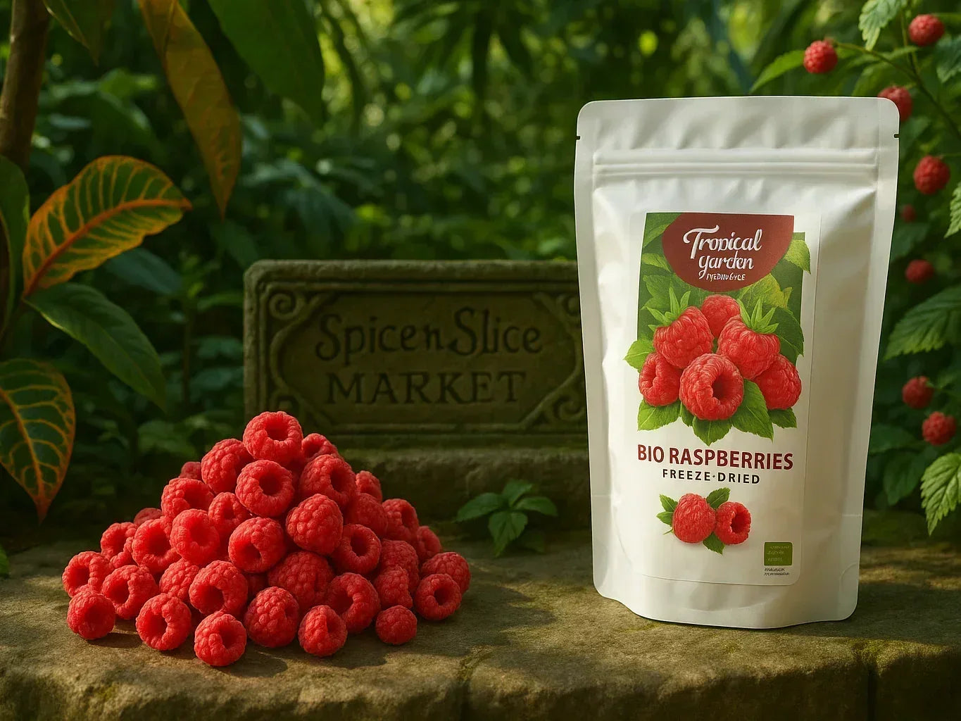 Freeze-dried organic raspberries in pouch with fresh berries on stone, garden background