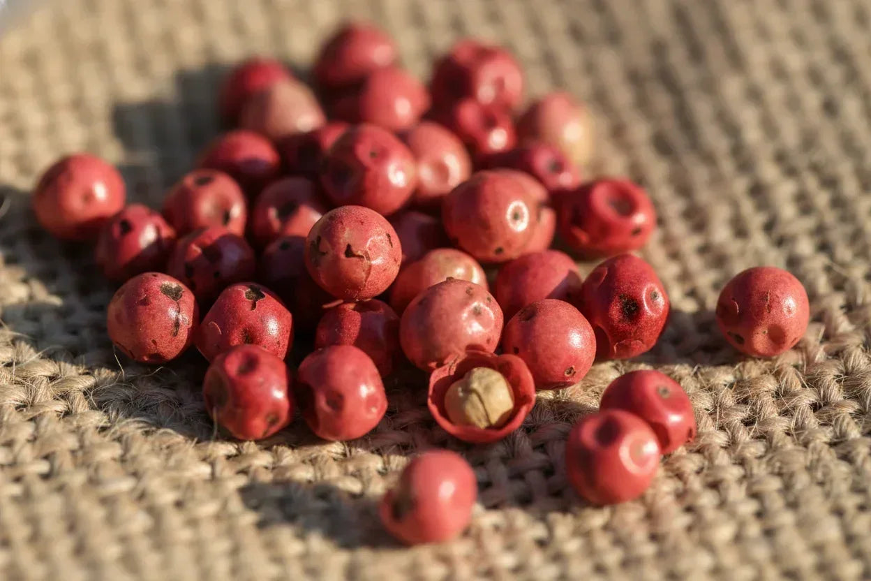 Whole red Kampot peppercorns on woven natural fabric, authentic gourmet spice