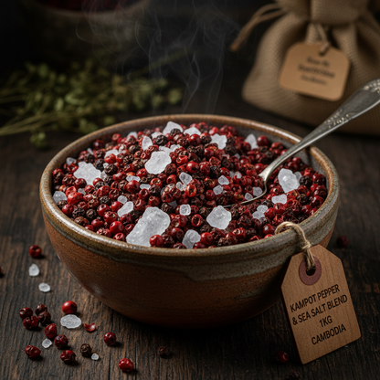 Mix red fermented Kampot pepper with salt in rustic ceramic bowl dark wooden surface