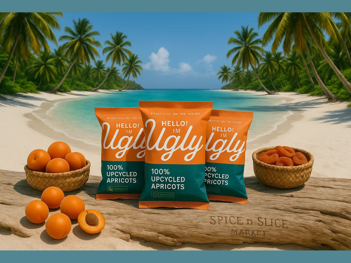 Upcycled apricots and dried apricots in baskets with apricot snack packs on tropical beach