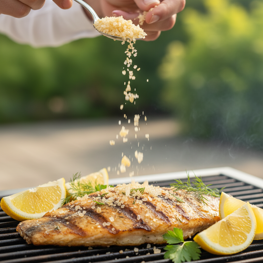 Lemon Salt Flakes sprinkled over grilled fish fillet with lemon wedges on BBQ