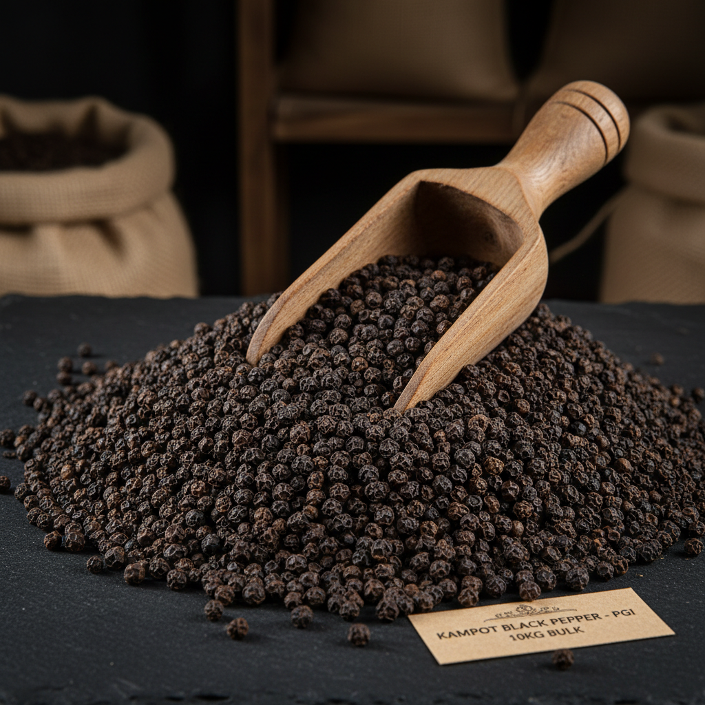 Wholesale Kampot black pepper PGI 10kg bulk peppercorns with wooden scoop on dark slate