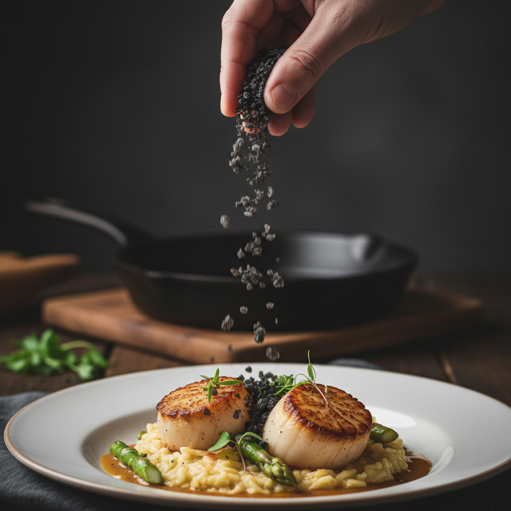 Black lava salt flakes being sprinkled over a gourmet dish, lifestyle food photography
