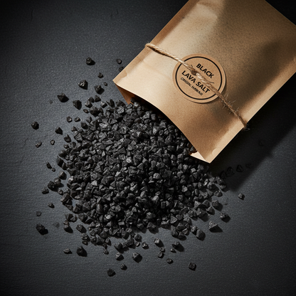 Black lava salt flakes ecopack on dark stone surface, minimalist product photography