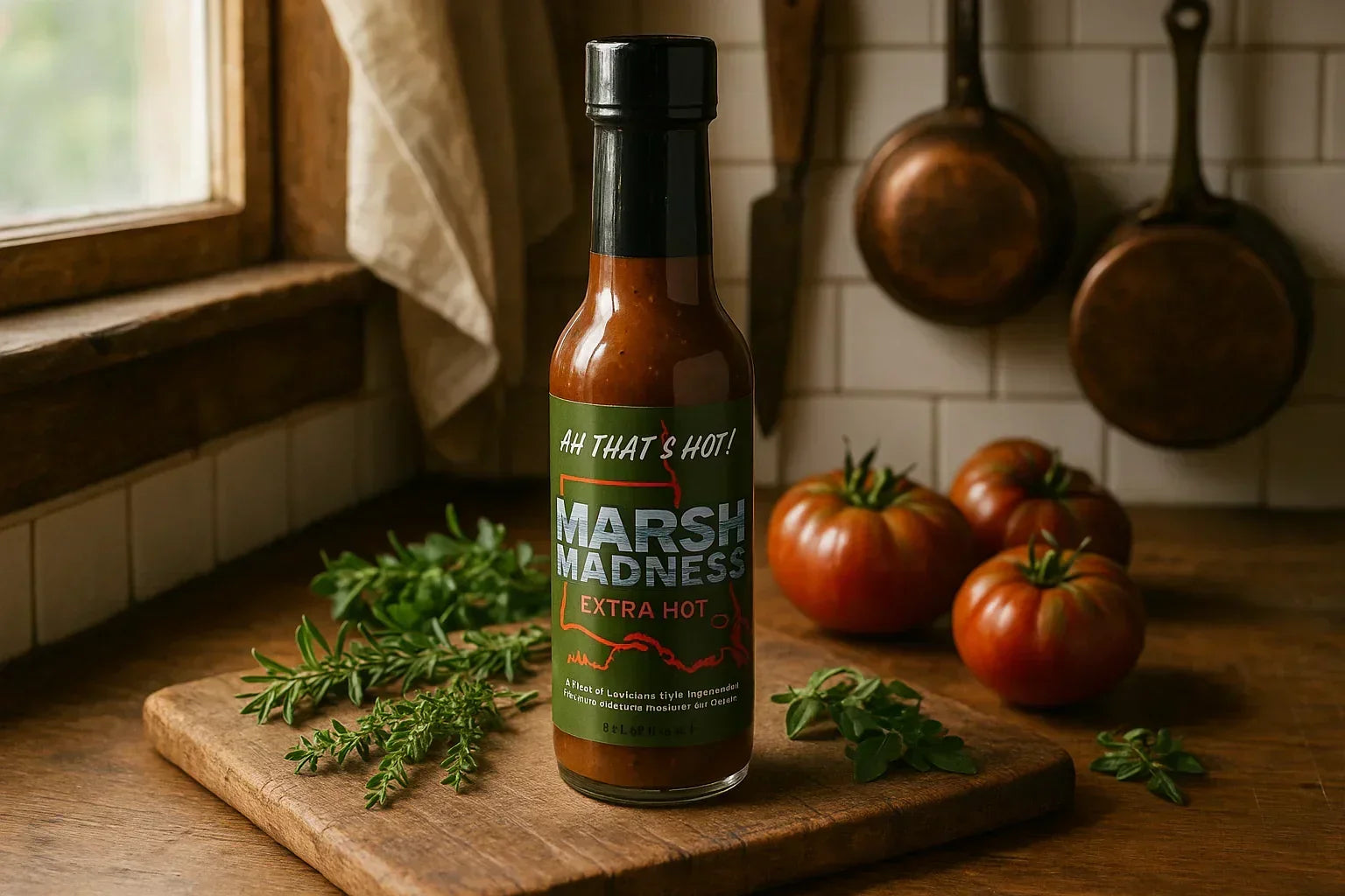 Marsh Madness extra hot sauce bottle on wooden table with fresh herbs and tomatoes in rustic kitchen