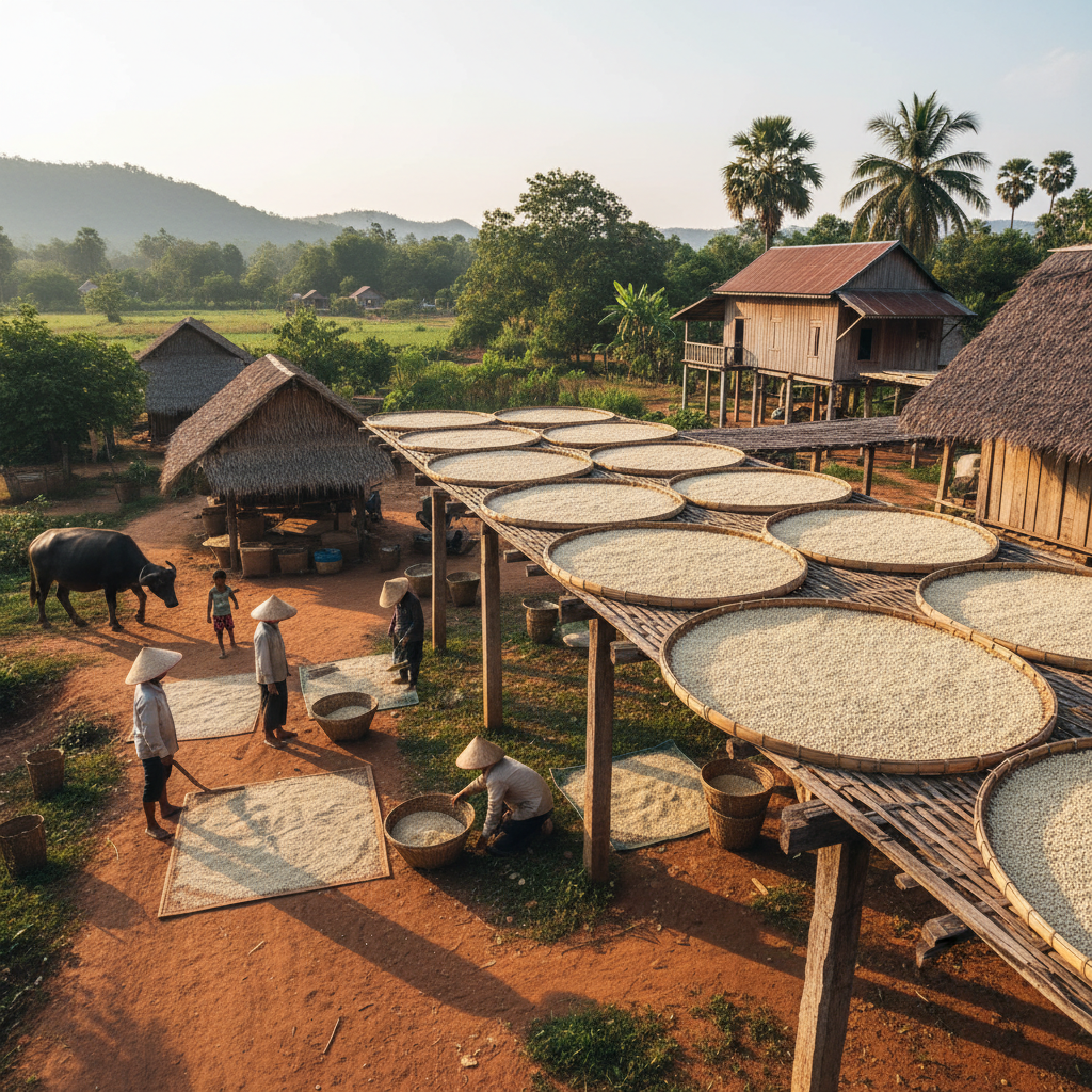 Organic Kampot white pepper farm Cambodia drying on bamboo trays rural village setting