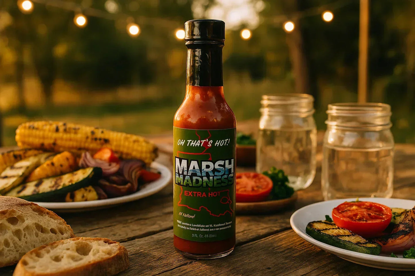 Marsh Madness extra hot sauce bottle on outdoor table with grilled vegetables, corn, bread