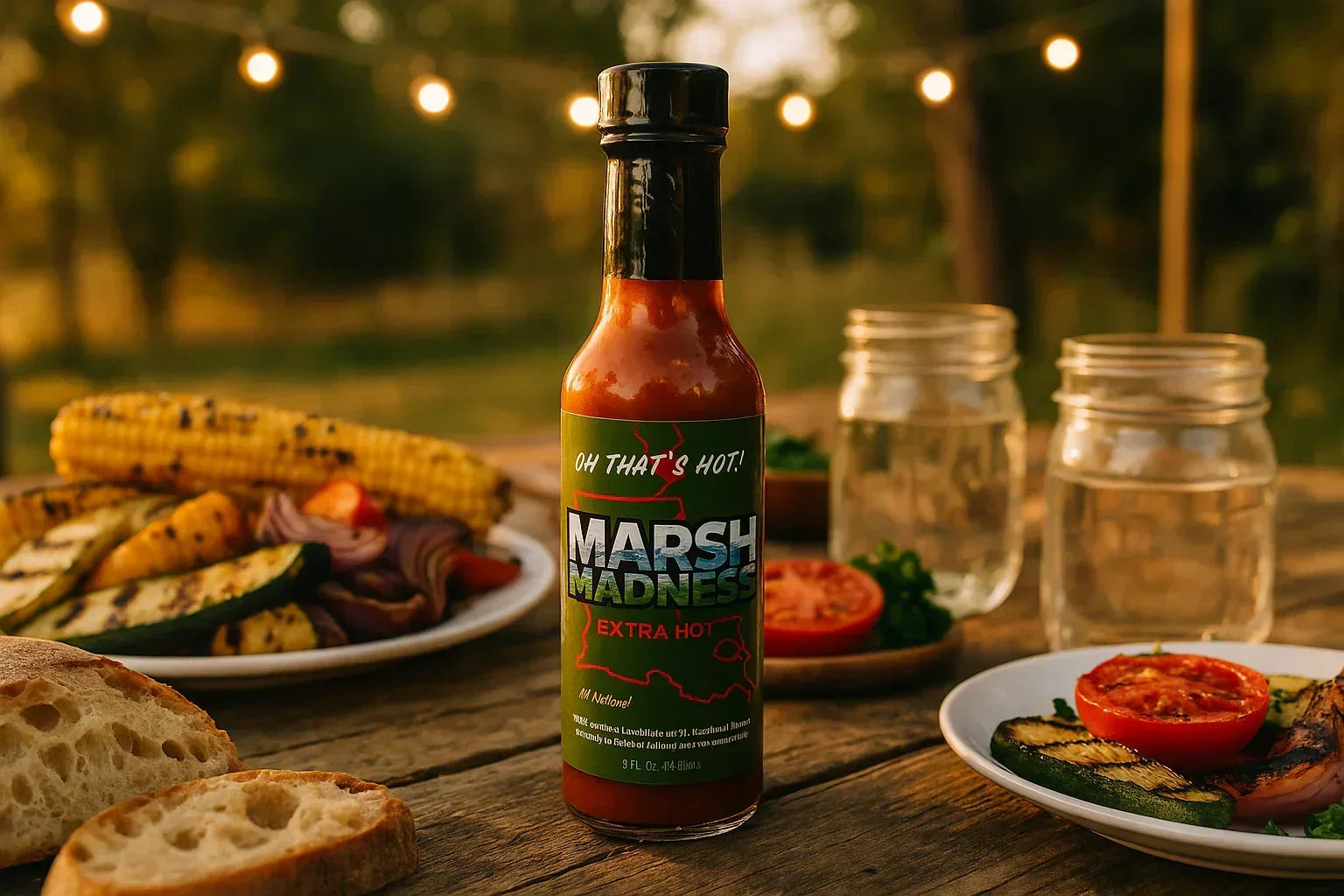 Marsh Madness extra hot sauce bottle on outdoor table with grilled vegetables, corn, bread