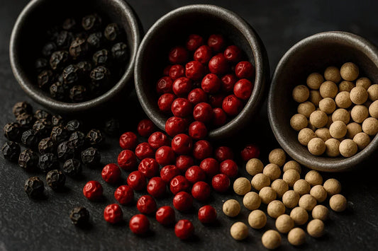 Black, red, and white Kampot peppercorns in ceramic bowls on a dark background