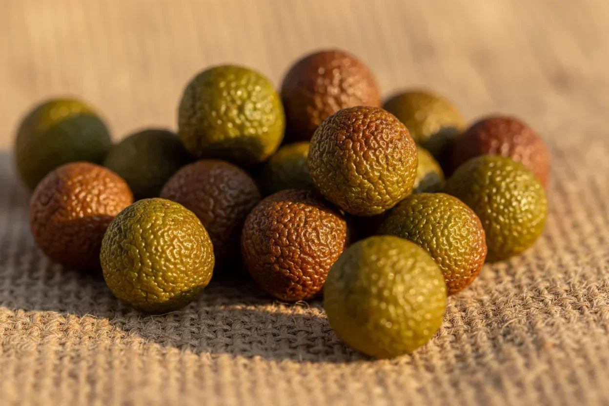Fresh yuzu kosho balls with textured green and brown skin on burlap fabric in sunlight