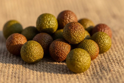 Fresh yuzu kosho balls with textured green and brown skin on burlap fabric in sunlight