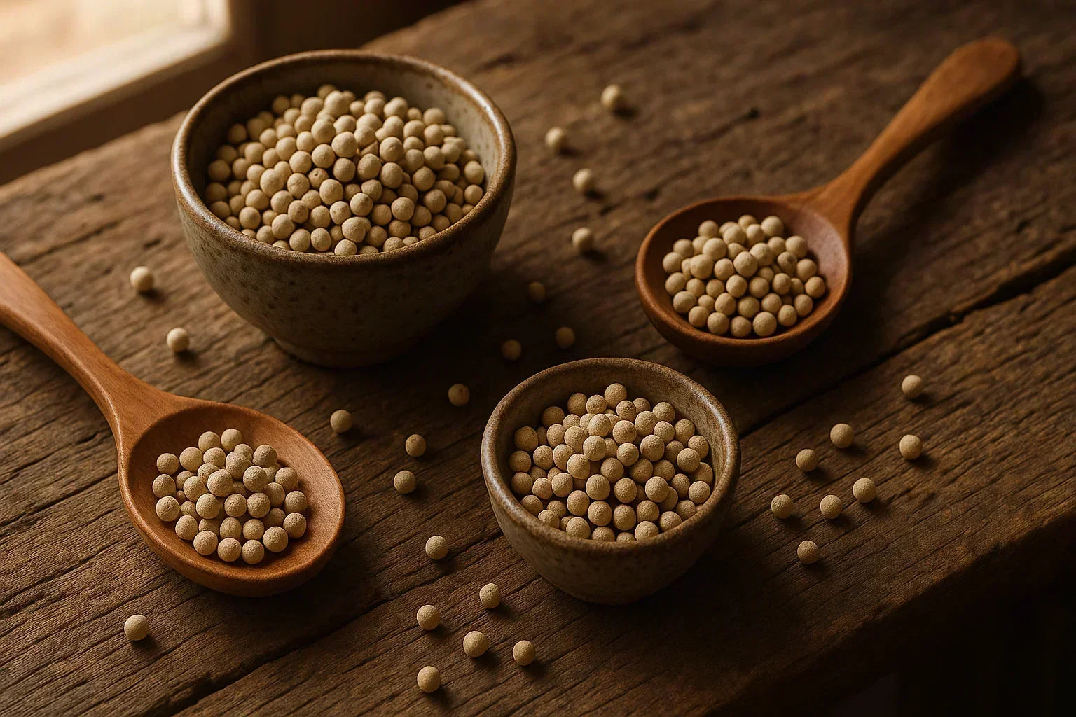 Whole white peppercorns in ceramic bowls and wooden spoons on rustic wooden table
