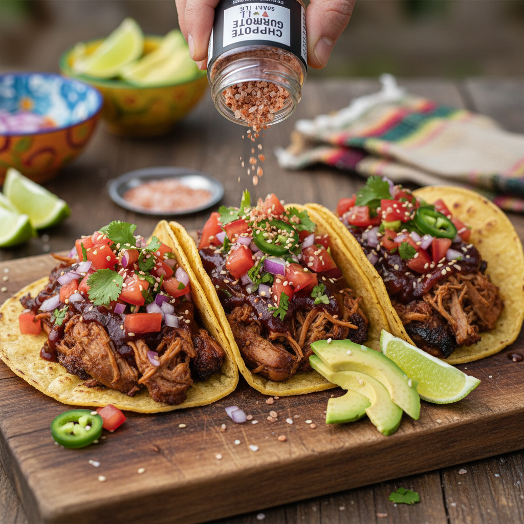 Chipotle Gourmet Salt sprinkled over smoky BBQ pulled pork tacos with fresh salsa and avocado