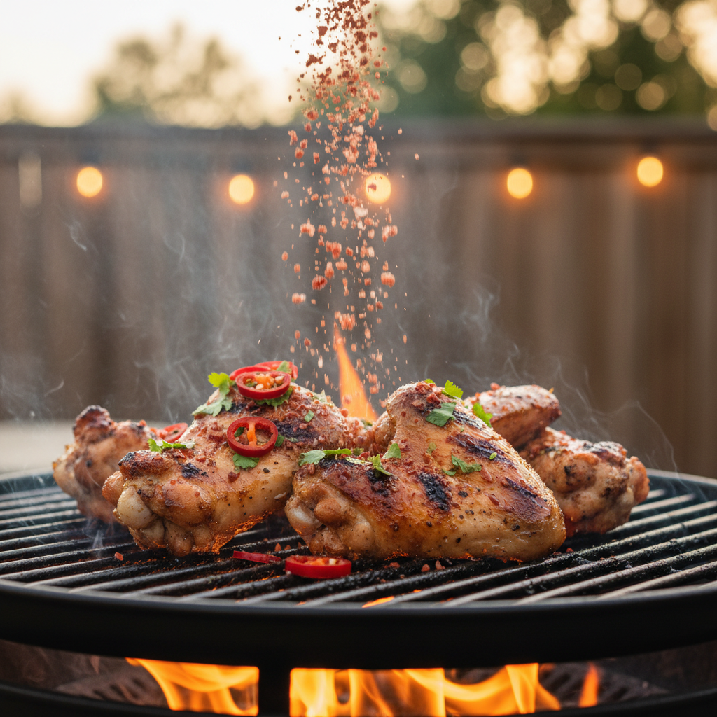 Chilli Crystal Salt Flakes sprinkled over sizzling grilled chicken wings on hot BBQ grill with flames