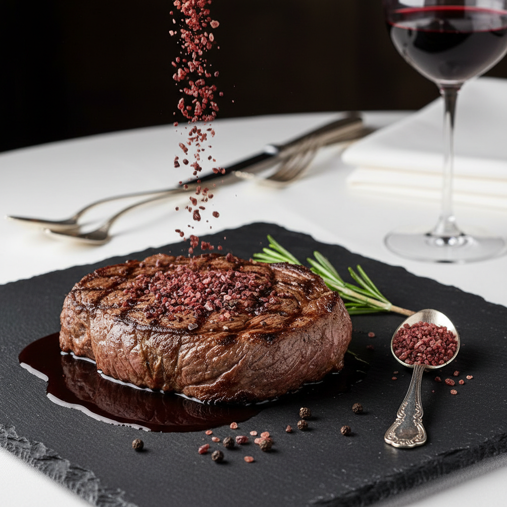 Red Wine Gourmet Salt sprinkled over grilled ribeye steak with red wine reduction sauce on slate board