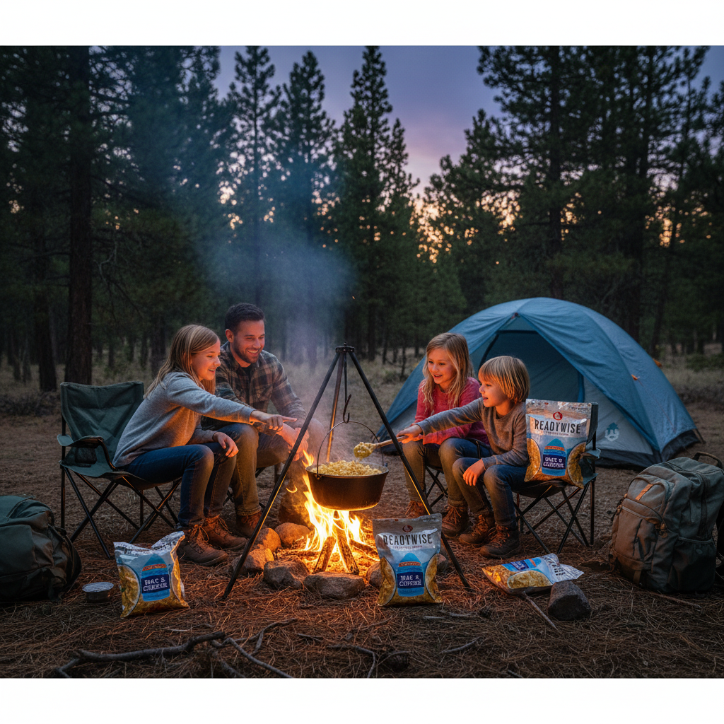 Family camping at dusk with children excited around campfire cooking Golden Fields freeze-dried mac and cheese in pine forest