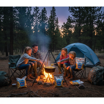 Family camping at dusk with children excited around campfire cooking Golden Fields freeze-dried mac and cheese in pine forest